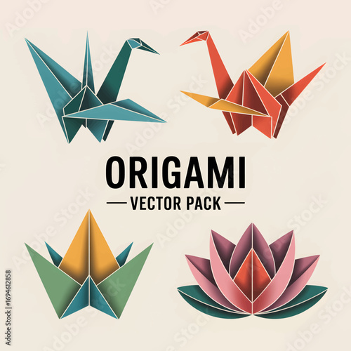 A vector pack of four colorful origami figures, including two cranes, a crown, and a lotus flower, in a modern flat design style.