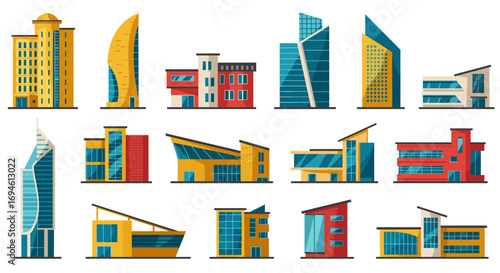 Modern architecture collection: colorful building designs in flat style