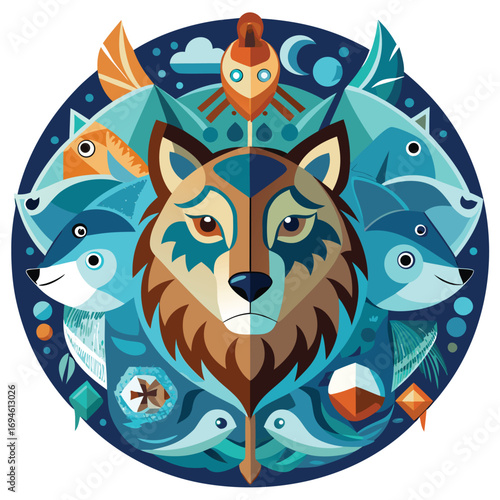 World Animal Day Unity Colorful Vector Icon with Wolf and Animals for Nature Conservation and Harmony, Flat EPS Vector Icon on Dark Blue Background

