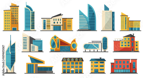 Collection of modern and classic building designs in flat style