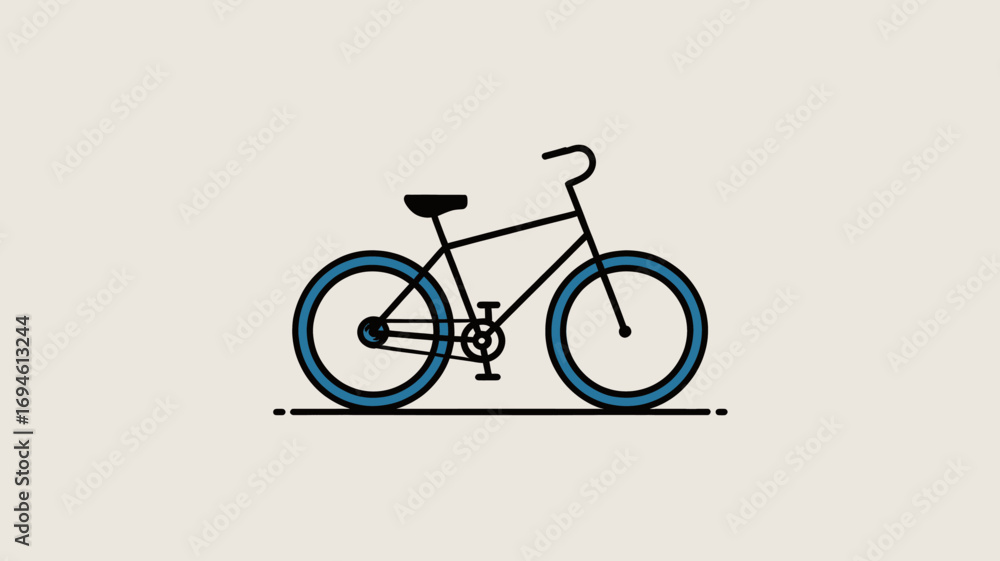 Fototapeta premium A minimalist graphic illustration of a classic bicycle with blue tires against a plain, light-colored background.