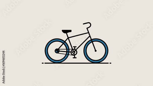 A minimalist graphic illustration of a classic bicycle with blue tires against a plain, light-colored background.
