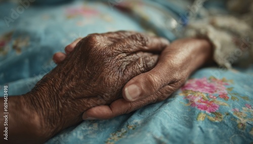 Close-up of two elderly hands clasped together