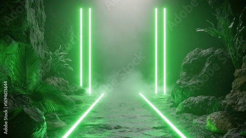 Fototapeta Naklejka Na Ścianę i Meble -  Neon green light path through a dark, rocky jungle scene