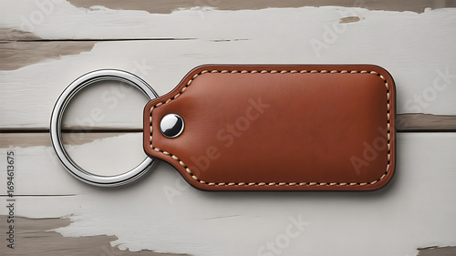 Leather Keychain with Silver Ring on Rustic White Wooden Surface Perfect for Personalization and Branding Projects