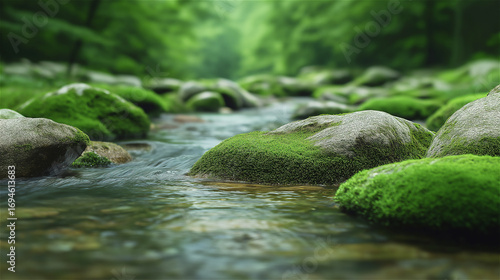 Clear forest creek with moss covered rocks and flowing water, symbolizing calm, purity, balance and environmental sustainability, perfect for wellness and relaxation concept with copy space.