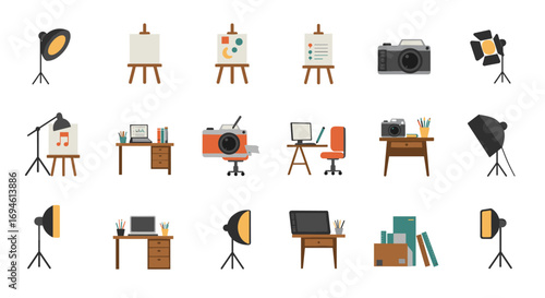 Creative workspace icons featuring easels, cameras, and desks for artistic and office environments