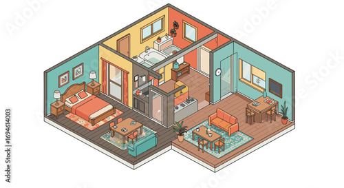 Isometric apartment interior design with living room, bedroom, and kitchen for modern home decor