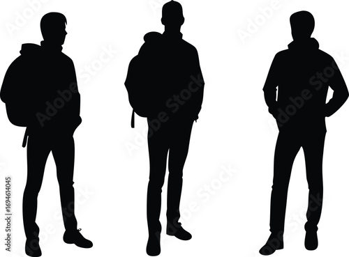 Three Silhouetted Figures Wearing Hoodies and Jeans Isolated on a White Background
