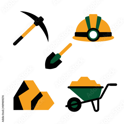 A collection of flat design mining icons including a pickaxe, helmet, shovel, ore, and wheelbarrow.