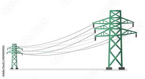 Realistic green power lines and transmission towers illustration