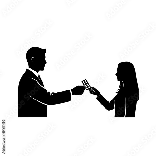 Silhouette of medicine: A doctor handing medicine to patient, emphasizing health, medicine, and care.