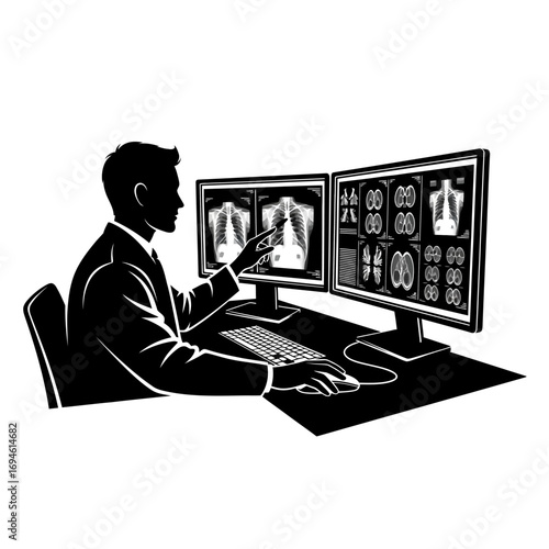 X-ray Examination: A healthcare professional meticulously examines X-ray images on a pair of monitors, utilizing advanced technology for detailed analysis in a stark, yet effective.