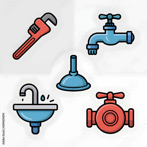A collection of colorful cartoon plumbing icons including a wrench, faucet, plunger, sink, and valve.