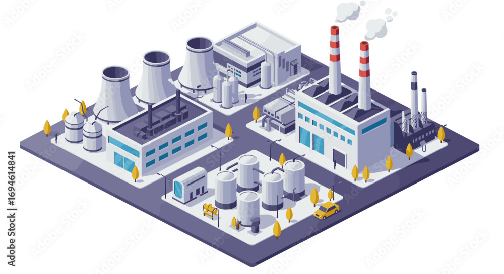 Obraz premium Isometric industrial landscape with factories and cooling towers