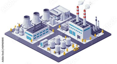 Isometric industrial landscape with factories and cooling towers
