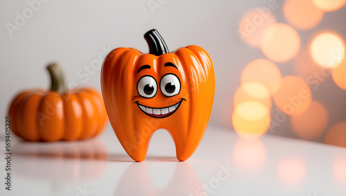 Bright orange pumpkin tooth with a smiley face against a festive bokeh backdrop