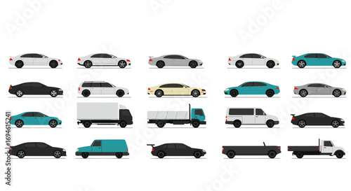 Diverse collection of vehicle side views featuring cars, trucks, and vans in various colors