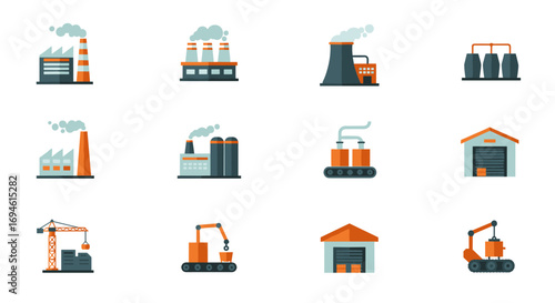 Industrial building and machinery icons in flat style for modern infographics