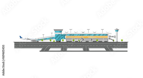 Modern airport terminal with airplane and runway in minimalist style