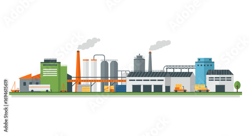 Modern industrial factory landscape with warehouses and smokestacks