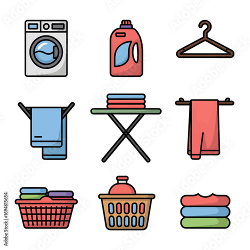 A collection of nine colorful laundry icons including a washing machine, detergent, hanger, towels, ironing board, and baskets.