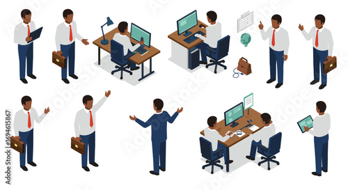 Isometric business office scenes with professionals at work