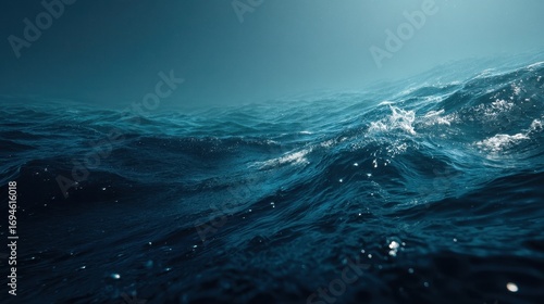 Dark blue ocean surface with turbulent waves and sea spray under a moody sky creating a dramatic and powerful natural background