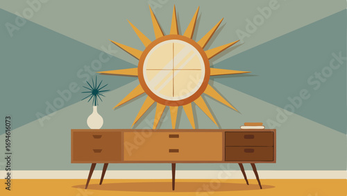 A metallic sunburst mirror hanging above a midcentury modern credenza in a dining room.
