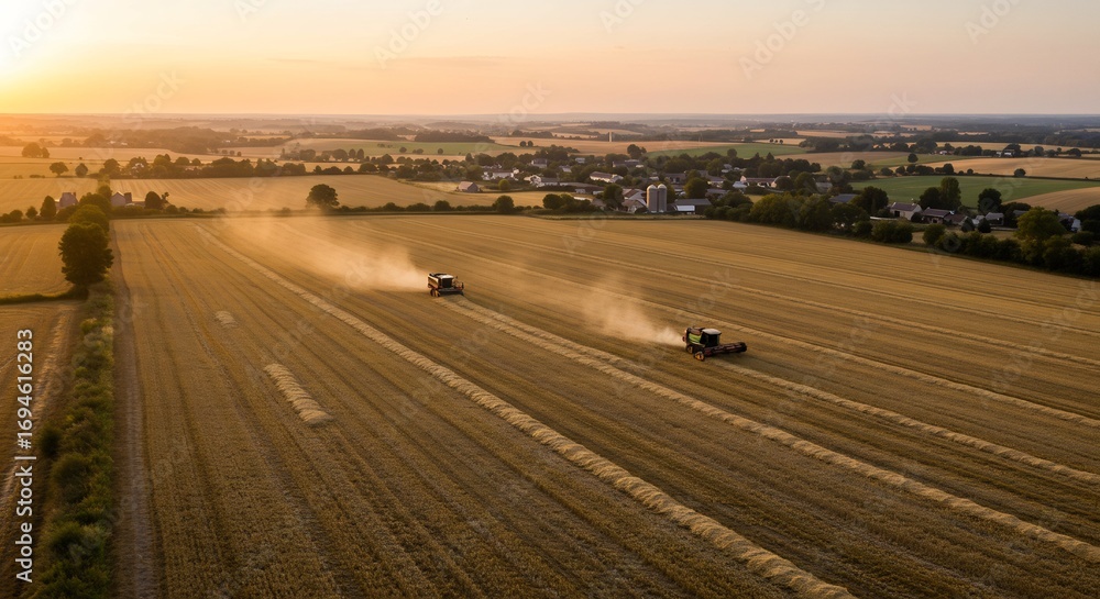 Obraz premium Golden fields stretch towards the horizon, where combine harvesters tirelessly work under the warm glow of a sunset, depicting the rhythm of agricultural life. 