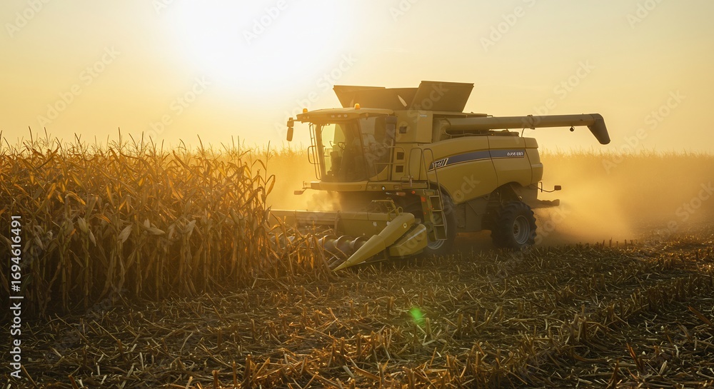 Naklejka premium Golden fields of grain are harvested by a modern combine harvester under the warm glow of the setting sun. The image represents industry, agriculture, and technology. 