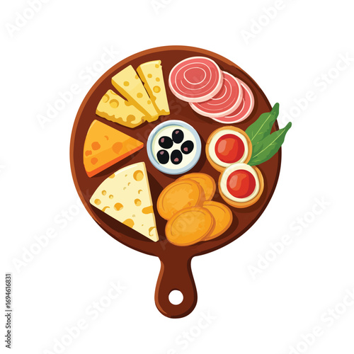hand drawn vector illustration of charcuterie board with cheese, appetizer, ham, olives, restaurant, tapas, spanish food vector on white background