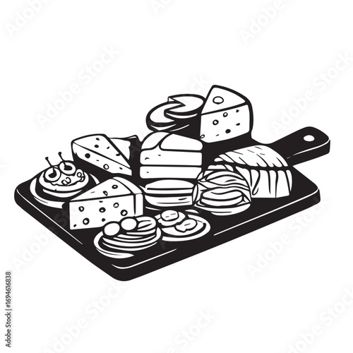 hand drawn vector illustration of charcuterie board with cheese, appetizer, ham, olives, restaurant, tapas, spanish food vector on white background
