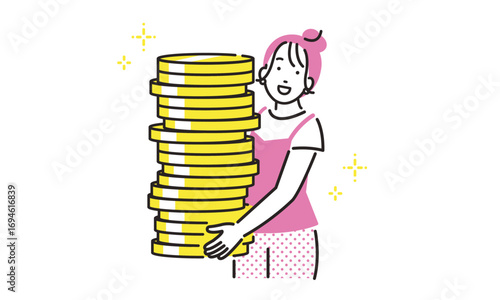重なったコインを持つ若い女性