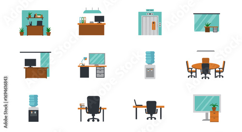 Contemporary office elements with desks and practical furniture in flat design