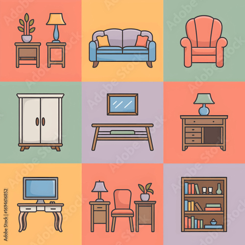 A colorful nine-square grid showcasing various flat design icons of household furniture and home decor items like a sofa, armchair, and bookshelf.