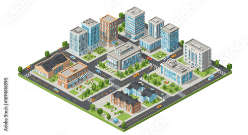 Isometric city block with modern buildings and streets