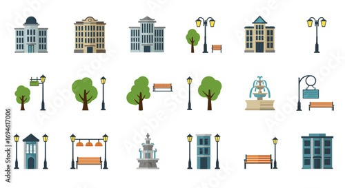 City architecture and park elements: buildings, trees, benches, and street lights