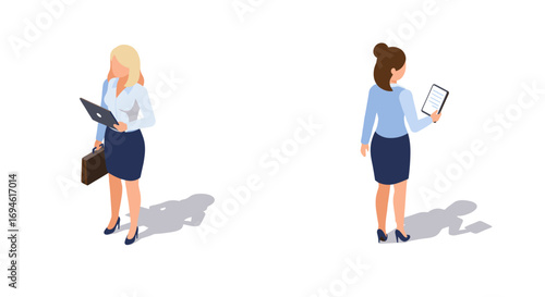 Isometric businesswomen with devices and briefcase on white background