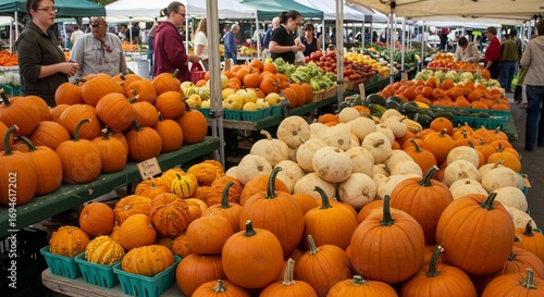 A bustling farmers market, brimming with a vibrant harvest of pumpkins and fresh produce, epitomizing the season's bounty and community spirit.
