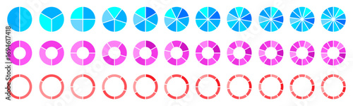 Circle diagram with sections or parts set. Circular divided pie chart diagram. Donut round infographic sectors. Business analytic segment slice