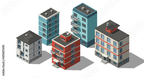 Isometric urban buildings set with colorful facades and shadows