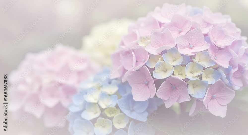 Fototapeta premium 優しい光に包まれた紫陽花 淡いパステルカラーの花びら 美しく咲く. AI Generated