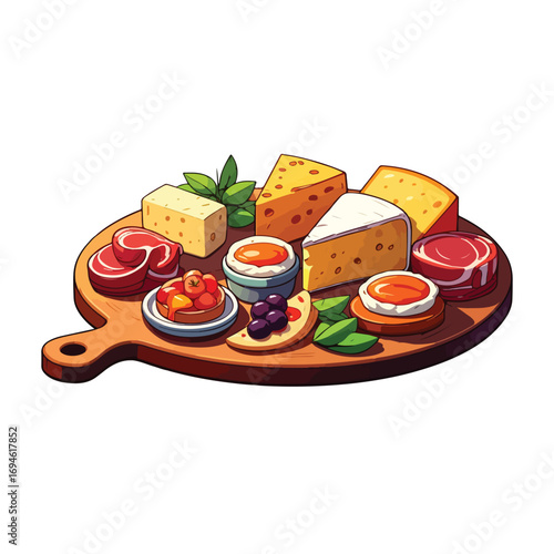 hand drawn vector illustration of charcuterie board with cheese, appetizer, ham, olives, restaurant, tapas, spanish food vector on white background