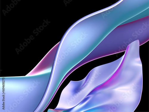 transparent streaks 3d glass holographic with speed motion effect. Dynamic blue pink background with gradient curve wave shapes, crystal light hologram energy. Abstract wallpaper blue wave