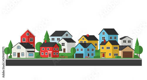 Charming neighborhood street with colorful houses and trees in flat design