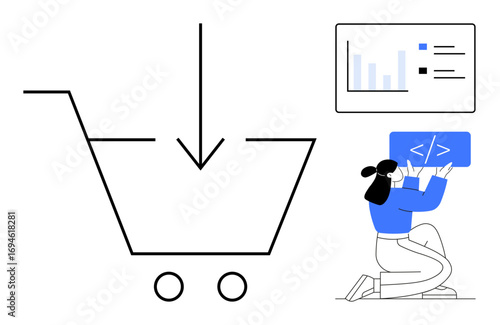 Shopping cart with download arrow, developer holding code screen, data chart. Ideal for e-commerce, web development, software design, coding, analytics, online shopping simple landing page