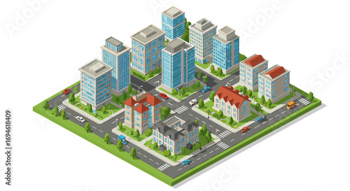Modern isometric cityscape with high-rise and residential buildings, streets, and cars