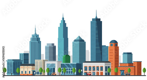 Modern cityscape with skyscrapers and urban skyline in flat design