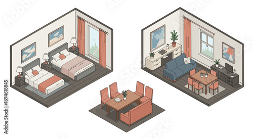 Cozy isometric room designs with modern furniture and stylish decor